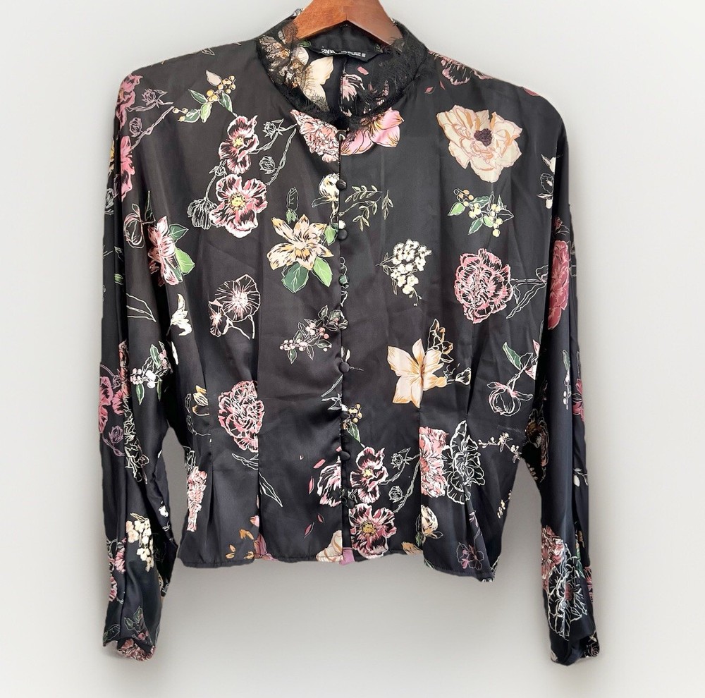 ZARA WOMAN FLORAL PRINT BLOUSE BLACK SATIN LOOK LACE NECKLINE L Feminine Luxe