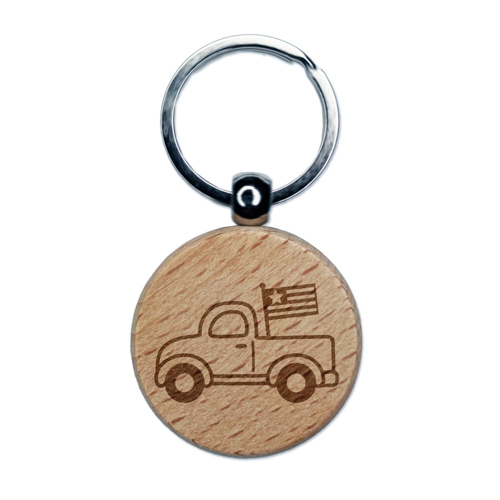 Cute Wooden Keychain with Truck and Flag Engraved Design