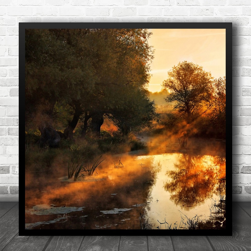 Mist Fall Fog Light Ray Landscape Pond Water Square Golden Cold Square Art Print