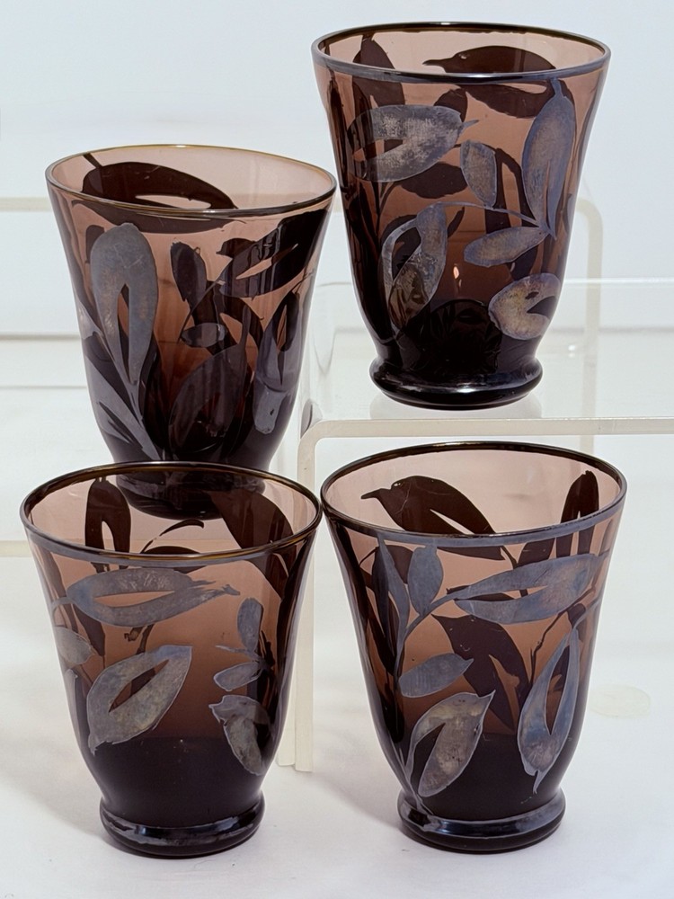 Set of 4 Vintage Murano Amethyst Glass Tumblers Silver Overlay Art Deco