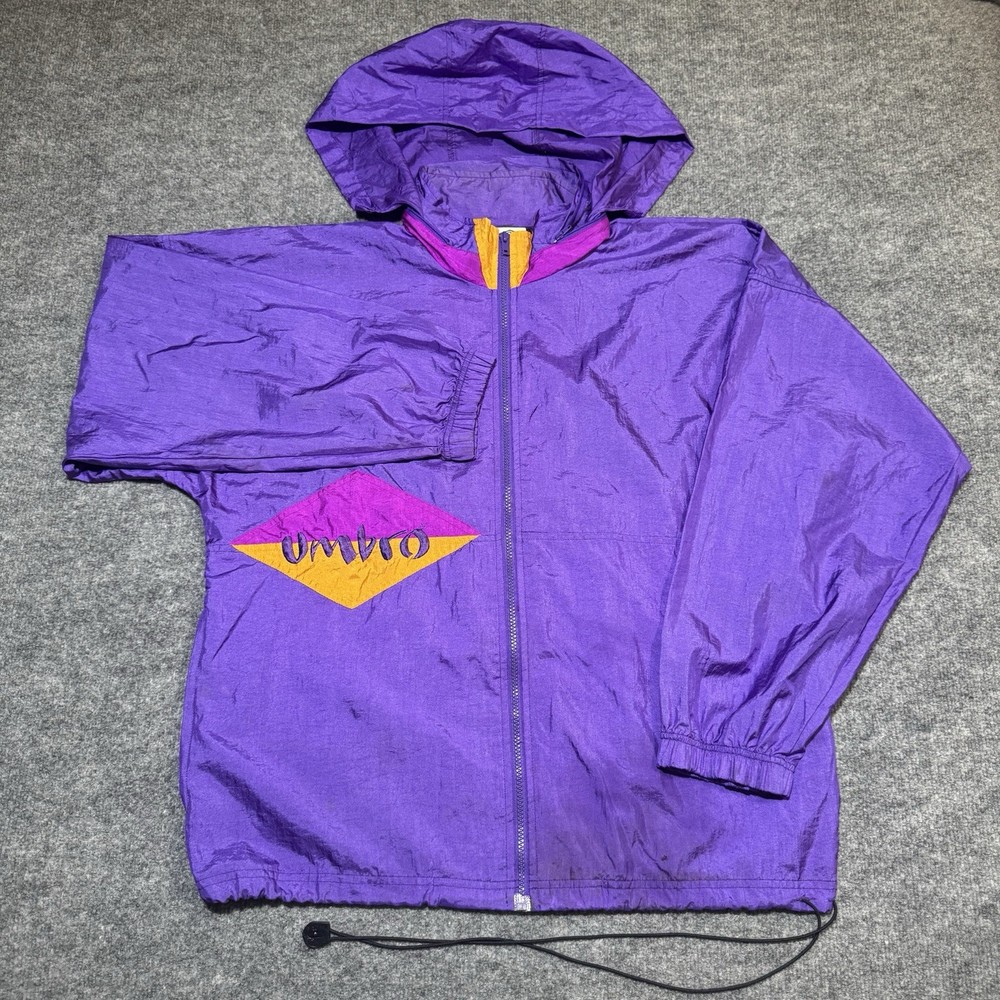 VTG 90s Umbro Soccer Full Zip Windbreaker Jacket Adult L Purple Packable Hood