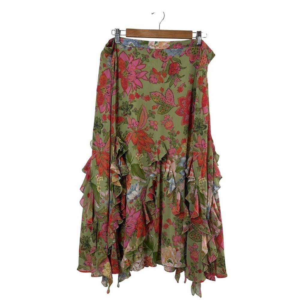Coldwater Creek Women's Floral Ruffle Hem Midi Skirt Green Pink Side Zip Size PL