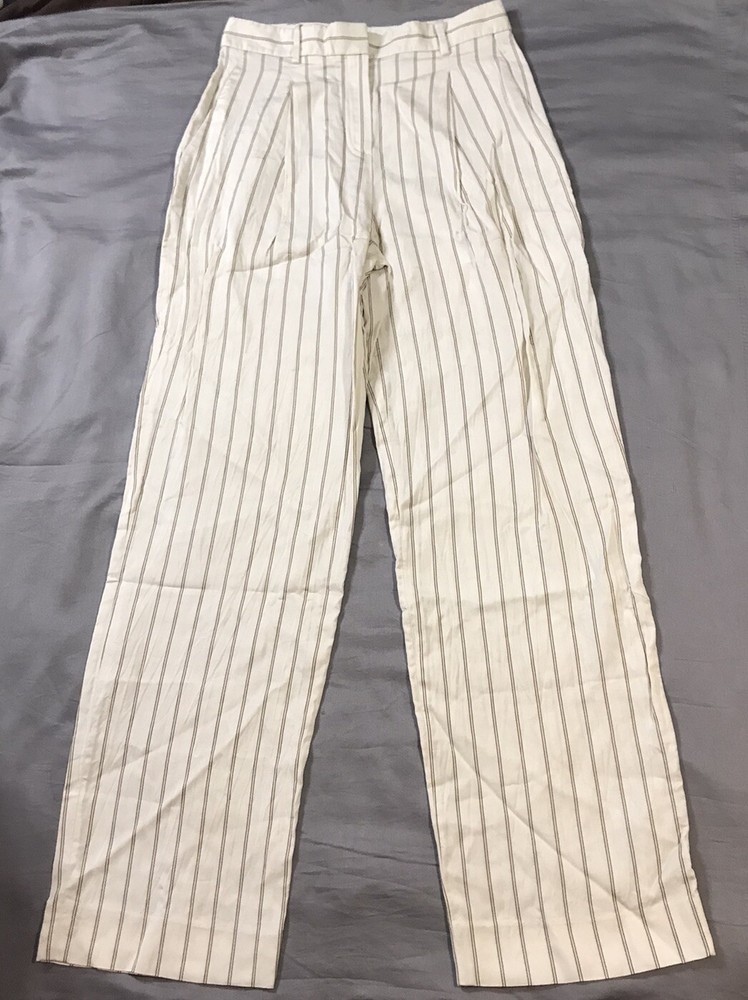 Theory Dress Pants Womens 6 White Creme Brown Striped Shiny Straight Leg