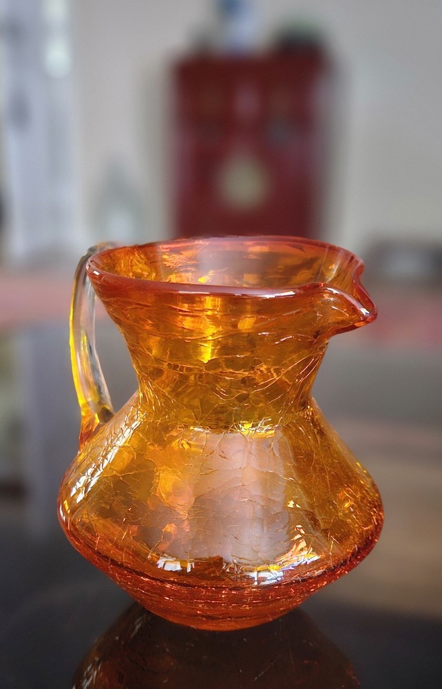 Blenko Tangerine Crackle Glass Creamer Pitcher Hand Blown Applied Handle 3.5