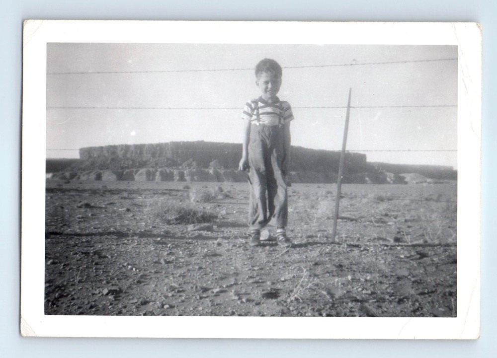 Old Vintage Photo SOLO BOY IN DESERT BY BARB WIRE FENCE FOUND PHOTOGRAPH