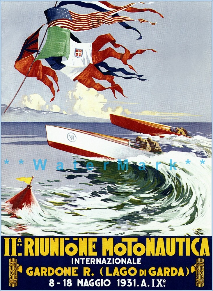 Vintage 1931 Italian Moto Nautica Boat Race Poster Lago Di Garda Retro Print