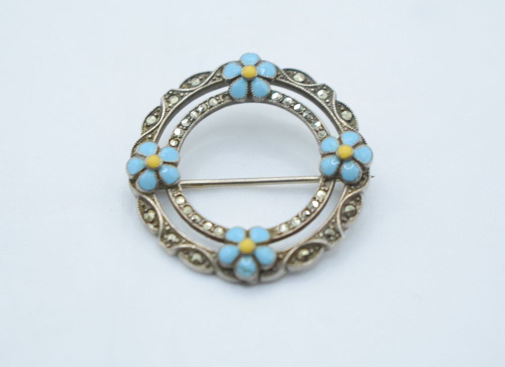 Antique Vintage Sterling Silver Enamel Forget Me Not Circle Brooch Pin 1.25”