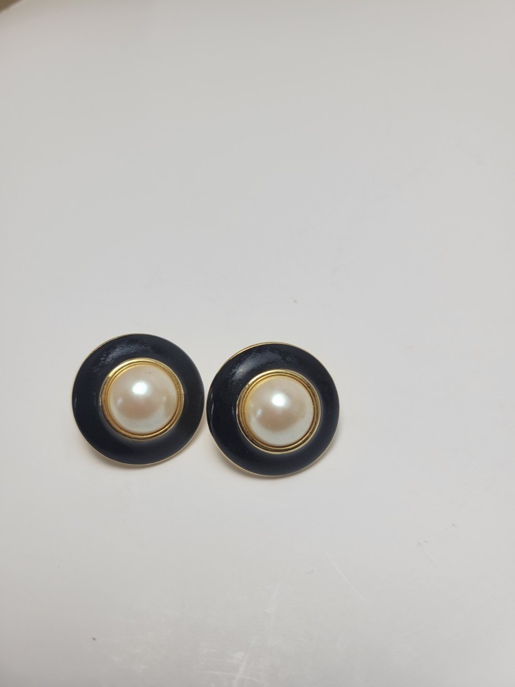 Signed MONET Gold Tone Black Enamel Faux Pearl Pierced Round 1” Earrings