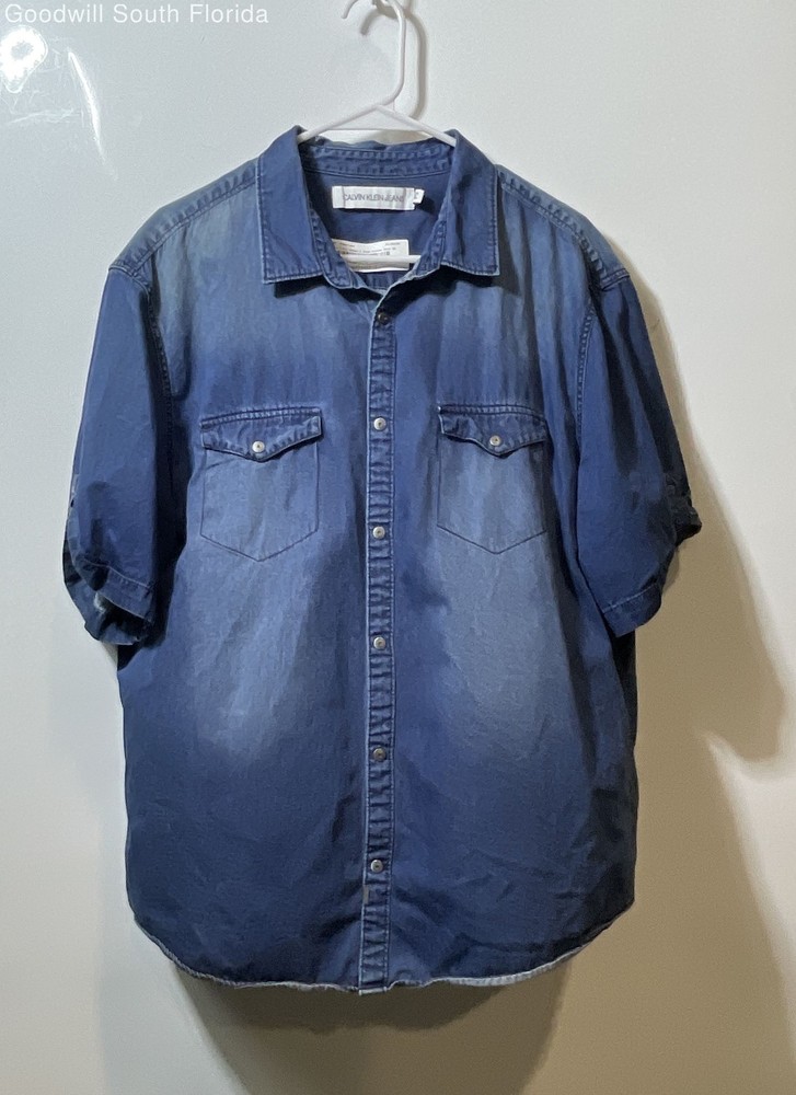 Calvin Klein Jeans Mens Blue Denim Short Sleeve Collared Button-Up Shirt Size XL