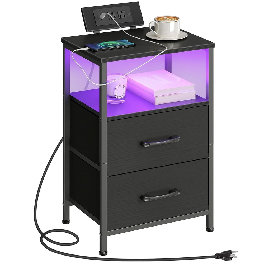 Nightstand with Charging Station LED Lights Bedside Table End Table Side