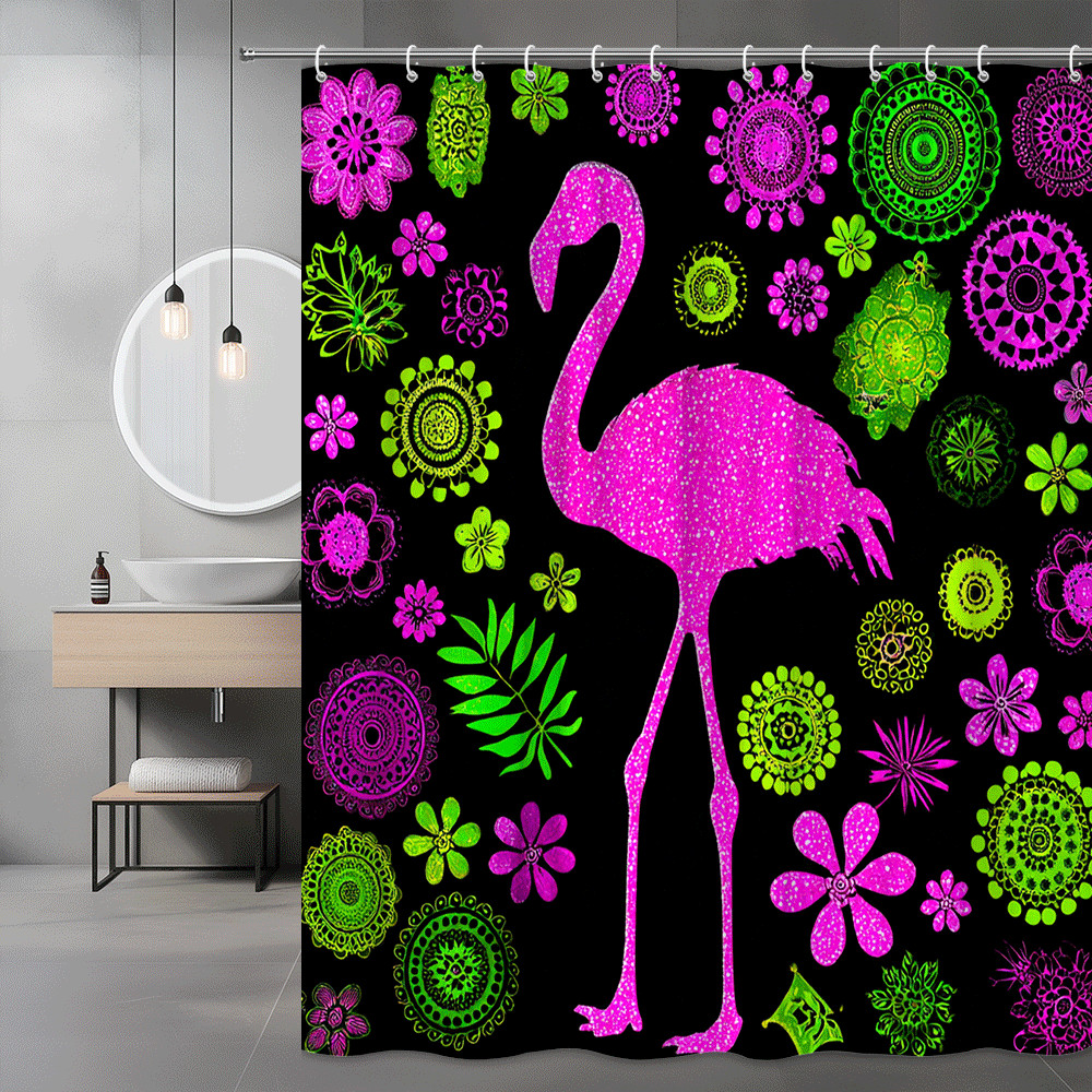 Pink Flamingo Floral Graphic Shower Curtain Black