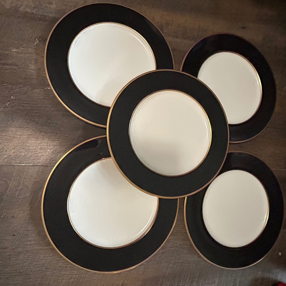 Mikasa Cathy Hardwick Onyx A6700 Bone China Dinner Plates Black Gold Set of 5