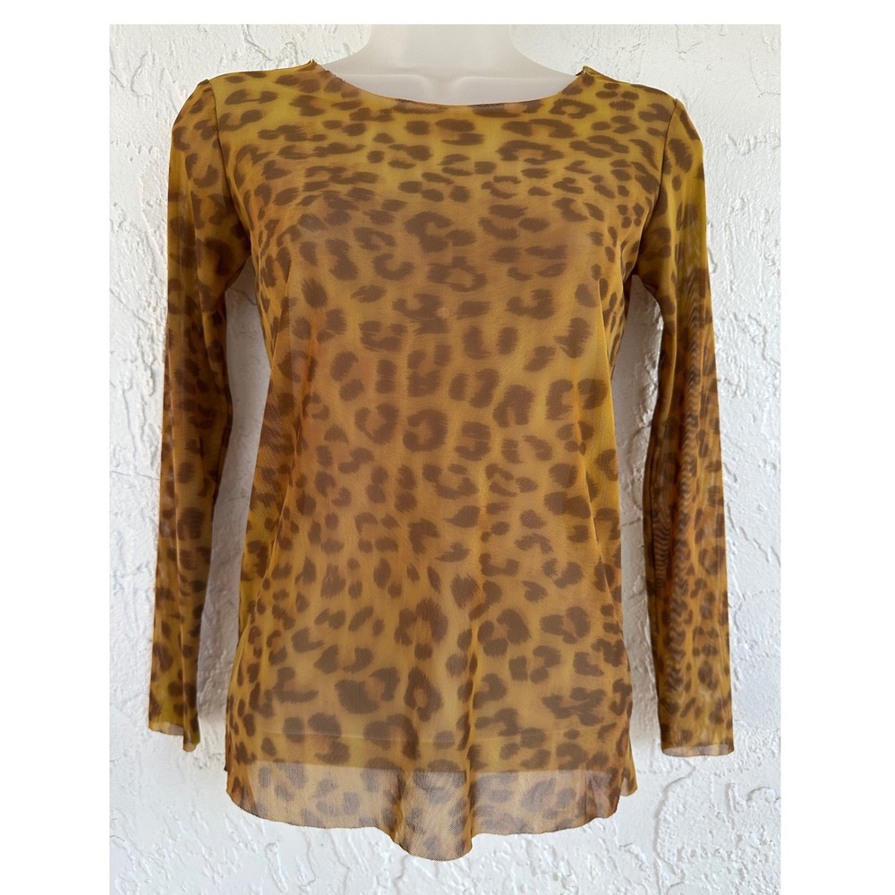 LaPiel Y2K Leopard Print Sheer Mesh Long Sleeve Top Women Medium USA Fitted