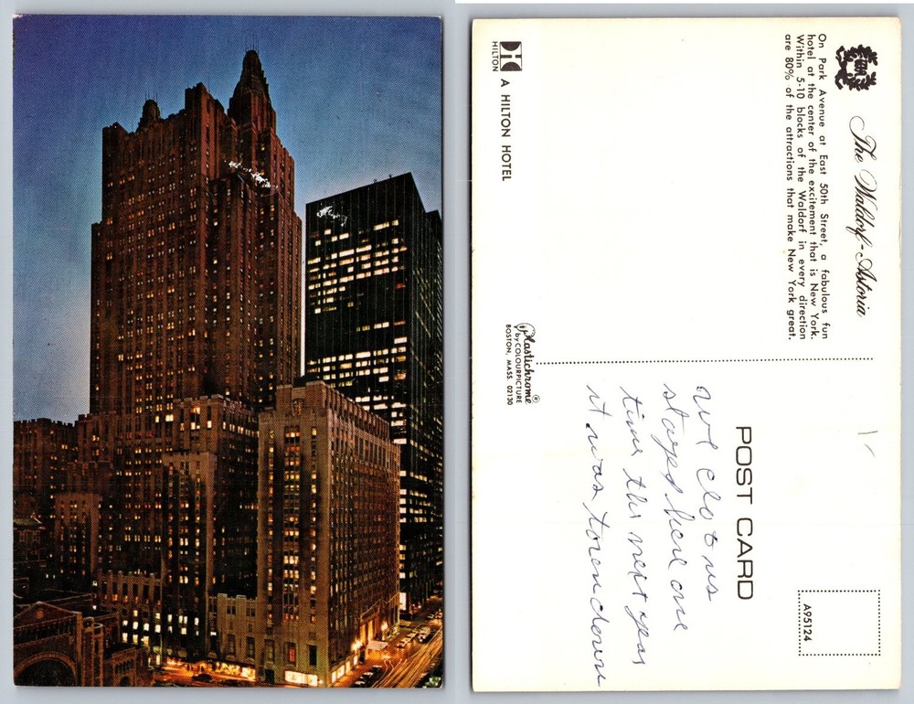 Waldorf-Astoria Hilton Hotel New York City Night Scene Postcard Plastichrome