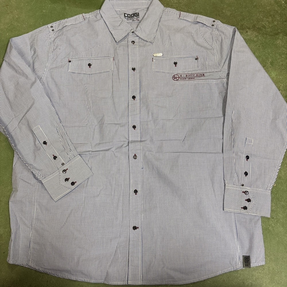 Coogi Authentic Mens 4XL Shirt  Long Sleeve Blue And White BlkSilver Buttons NEW
