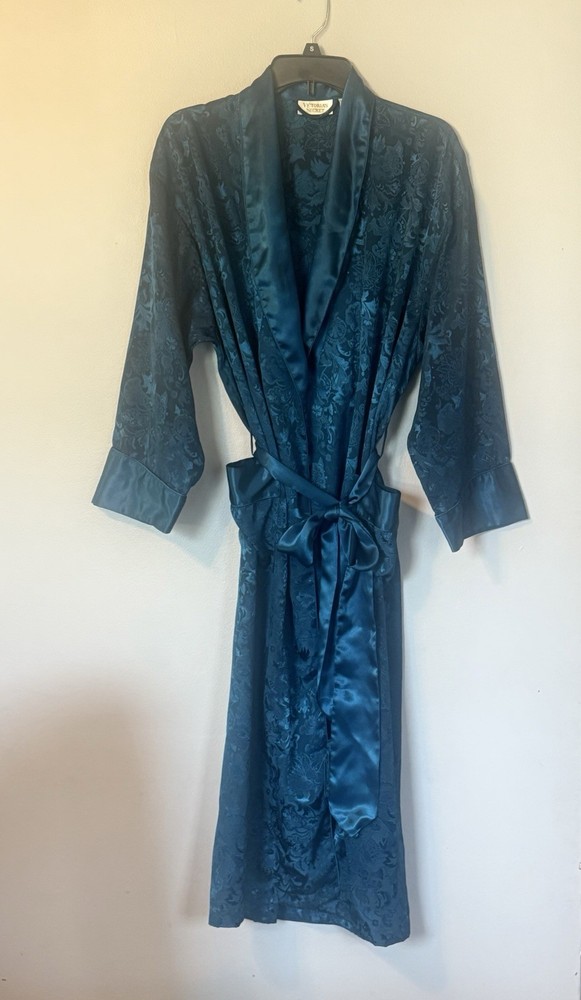 Victoria's Secret Vintage Gold Label Teal Floral Embossed Satin Robe Size P S