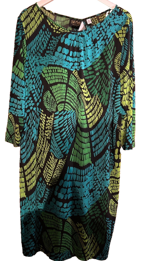 NWT bob mackie wearable art Dress abstract blue and green design with black belt-image