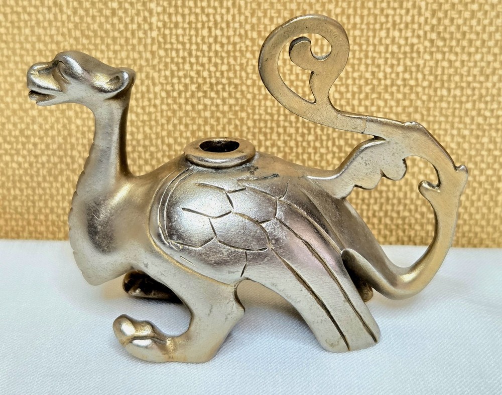 Vintage Cast Metal Dragon Candlestick Holder Gothic Medieval Style Brass Tone