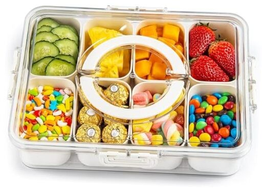 White 8-Compartment Plastic Divided Serving Tray with Lid and Handle – Perfect for Snacks
