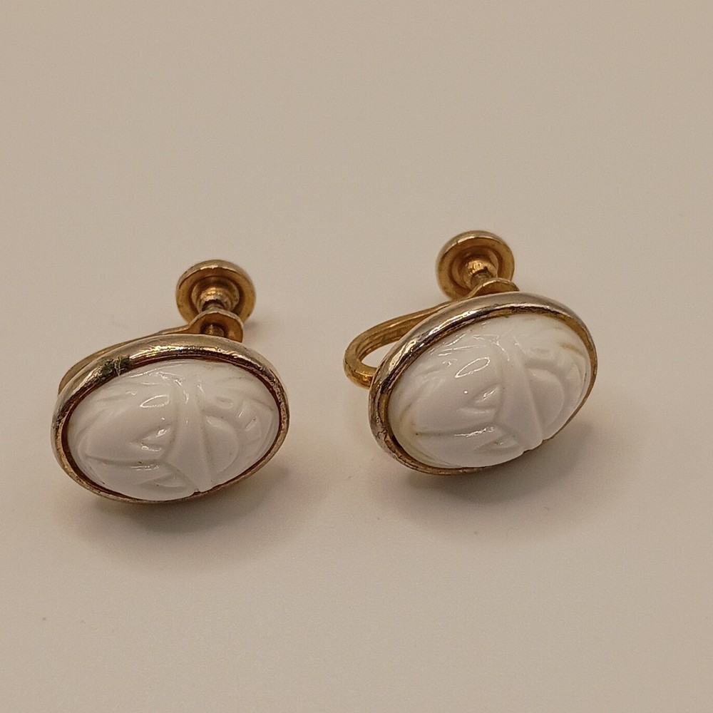 Vintage Egyptian Revival Scarab Screw Back Earrings White Gold Tone