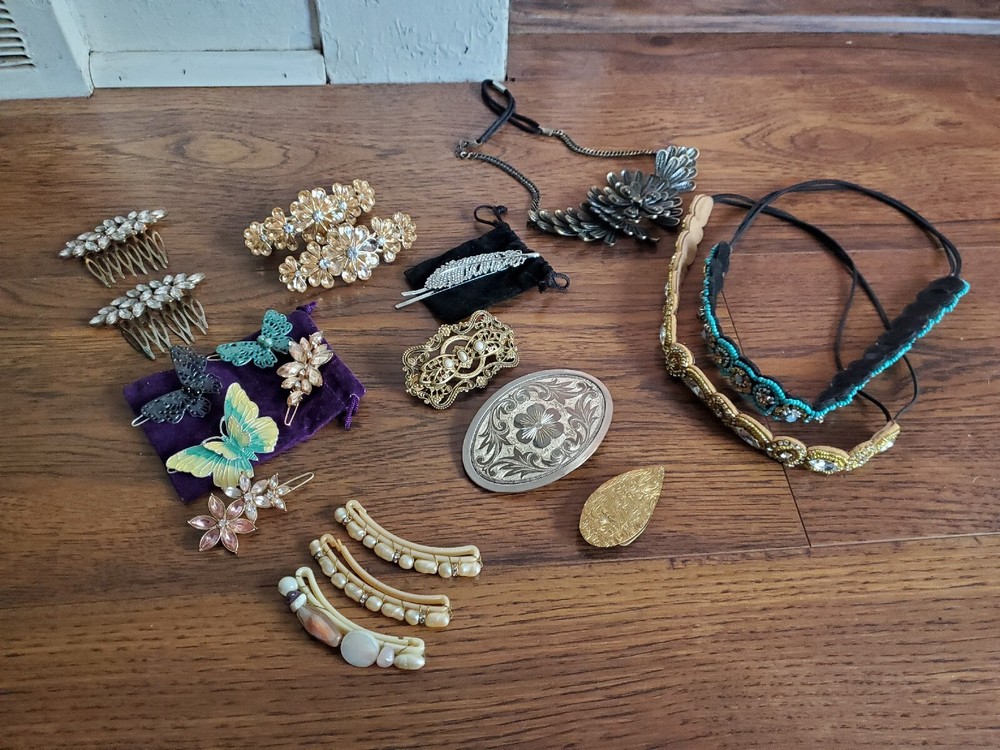 VTG Lot of Hair Barrettes Hair Clips Belt Buckle Headbands Unique Some France