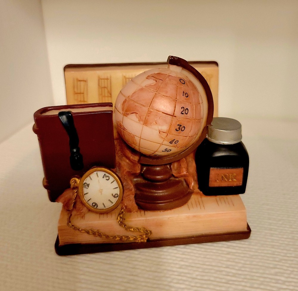 Vintage Business Card Holder with Antique Globe Ink Bottle Design