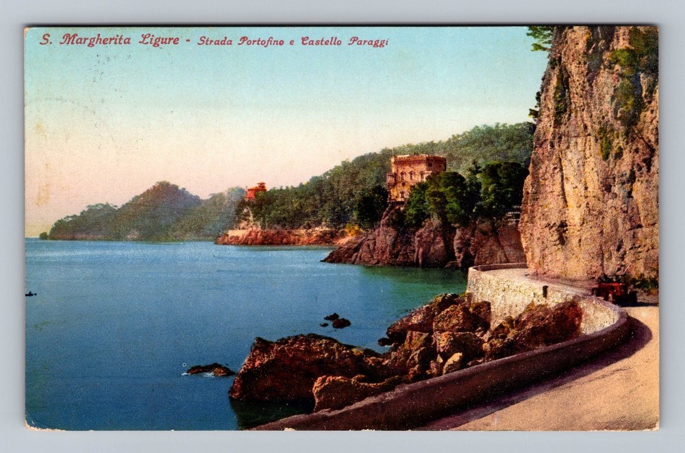 Italy- Liguria Portofino Road & Paraggi Castle Post Old View PC Vintage Postcard