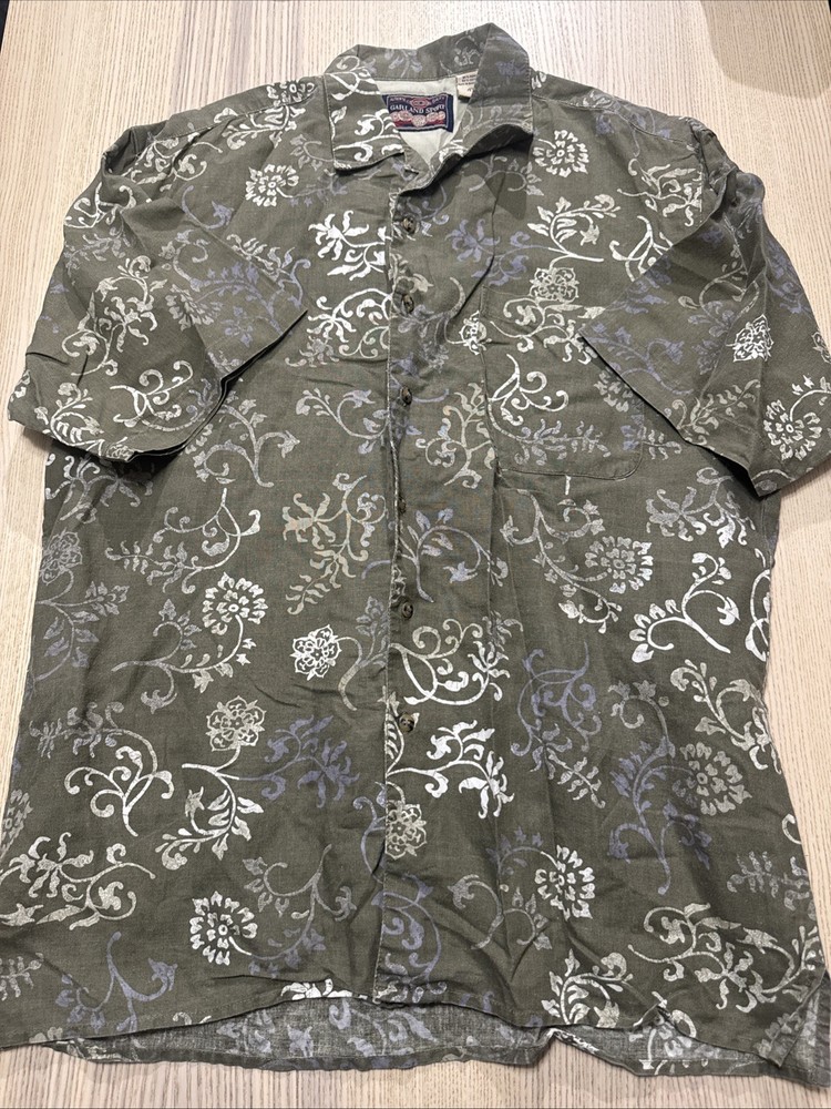 Vintage Garland Sport Mens L Green Floral Hawaiian Camp Button Up Shirt Cotton
