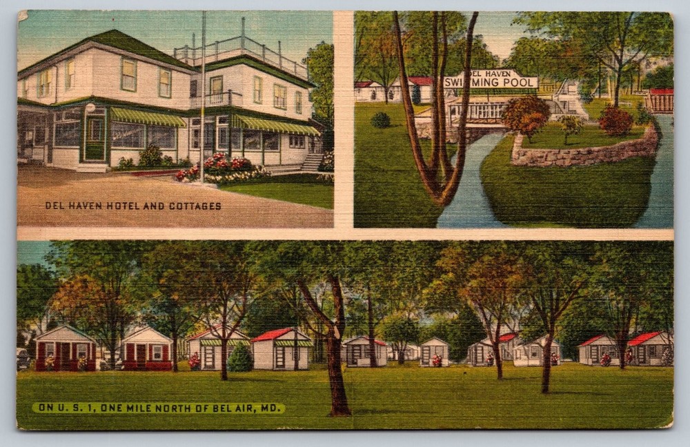 Vintage Del Haven Hotel & Cottages Bel Air MD Linen Postcard 1948