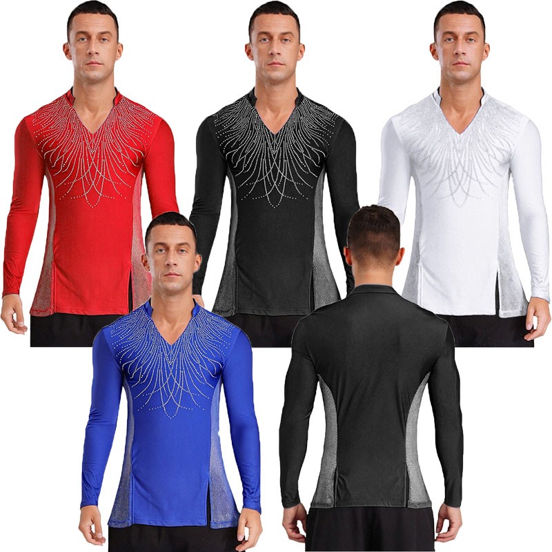 Men's Shiny Latin Ballet Dance Shirt Long Sleeve Ballroom Samba Salsa Costume