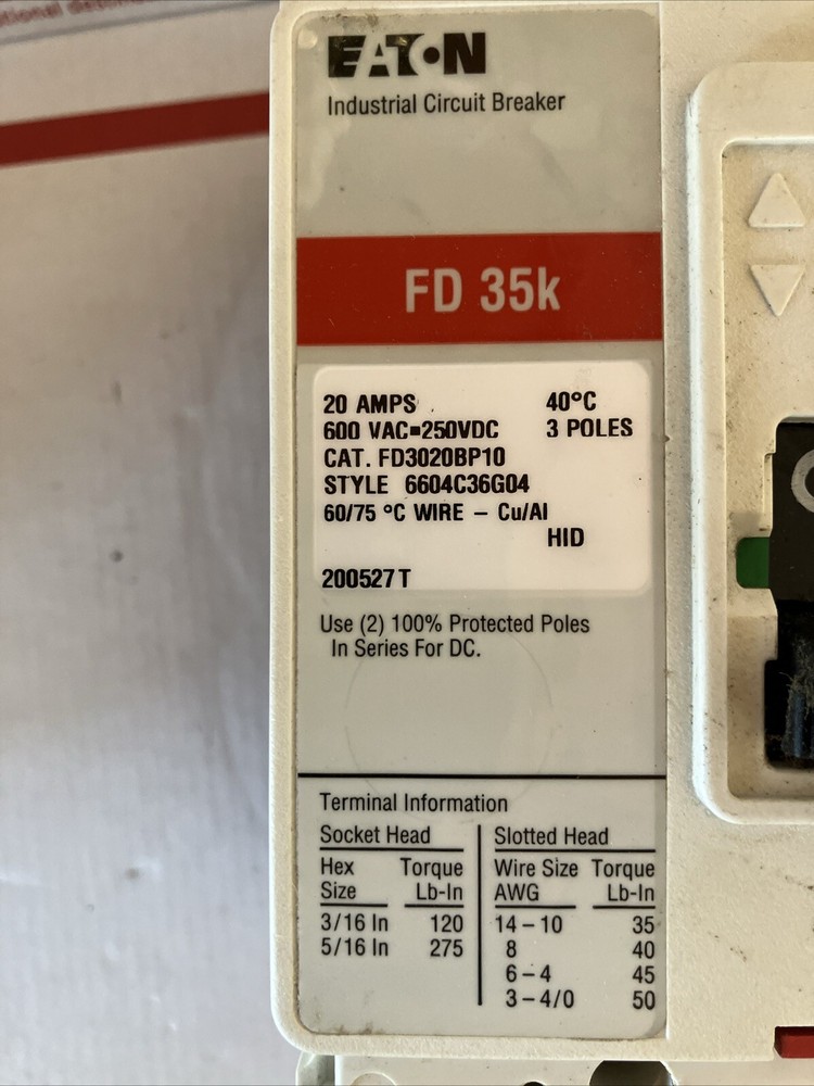 Fd3020Bp10 Fd35K New Eaton 20 Amp Circuit Breaker 600 Vac / 250 Vdc 3 Pole