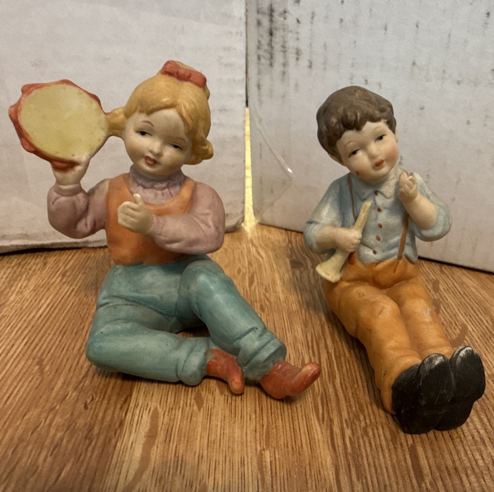 Porcelain Children Figurine Set 2pc Hand Painted Multicolor Boy People Theme