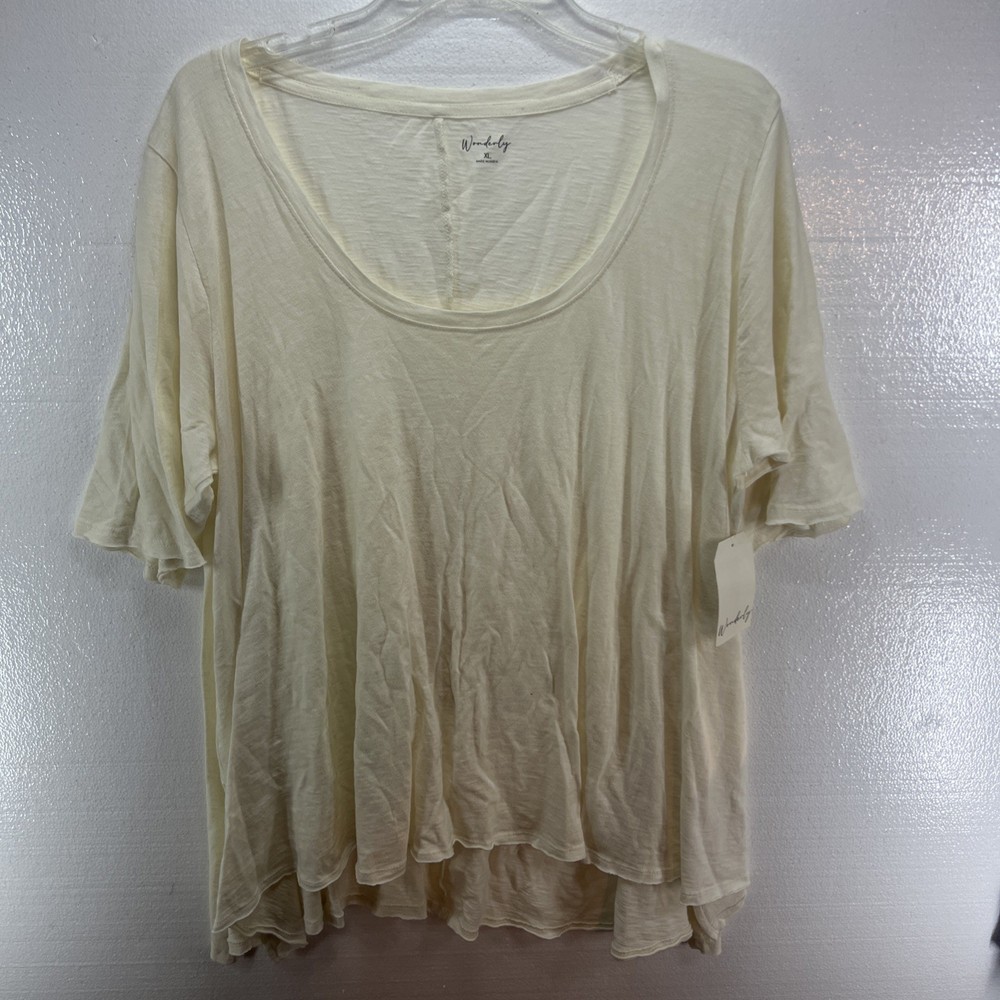 New Wonderly Women's Top T Shirt Elbow Sleeve Cream Size XL Cotton Scoop Neck