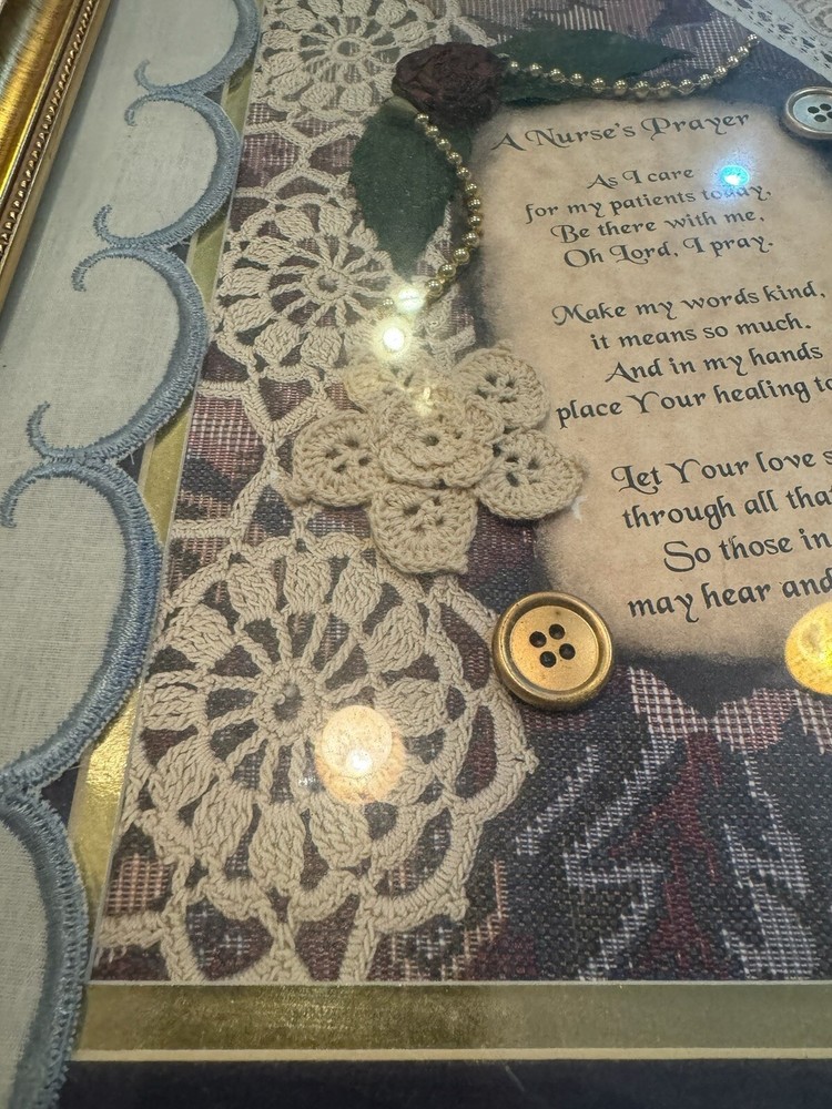 A Nurses Prayer  Framed Matted Lace Beads Pressed Flower Handcrafted USA