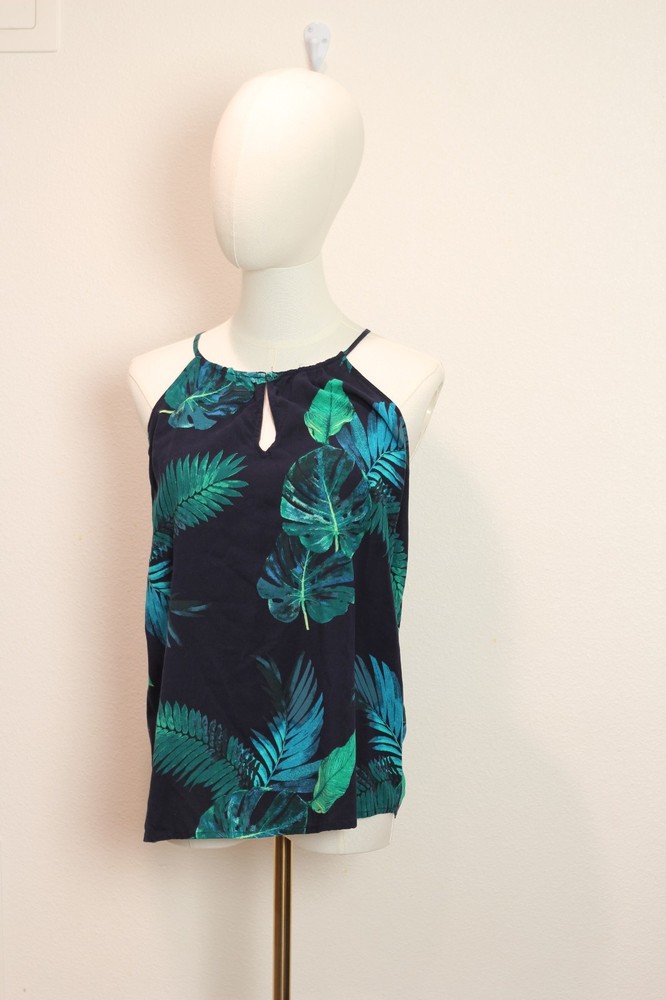 Old navy women Size Medium Top tropical navy blue vibrant green teal palm leaf