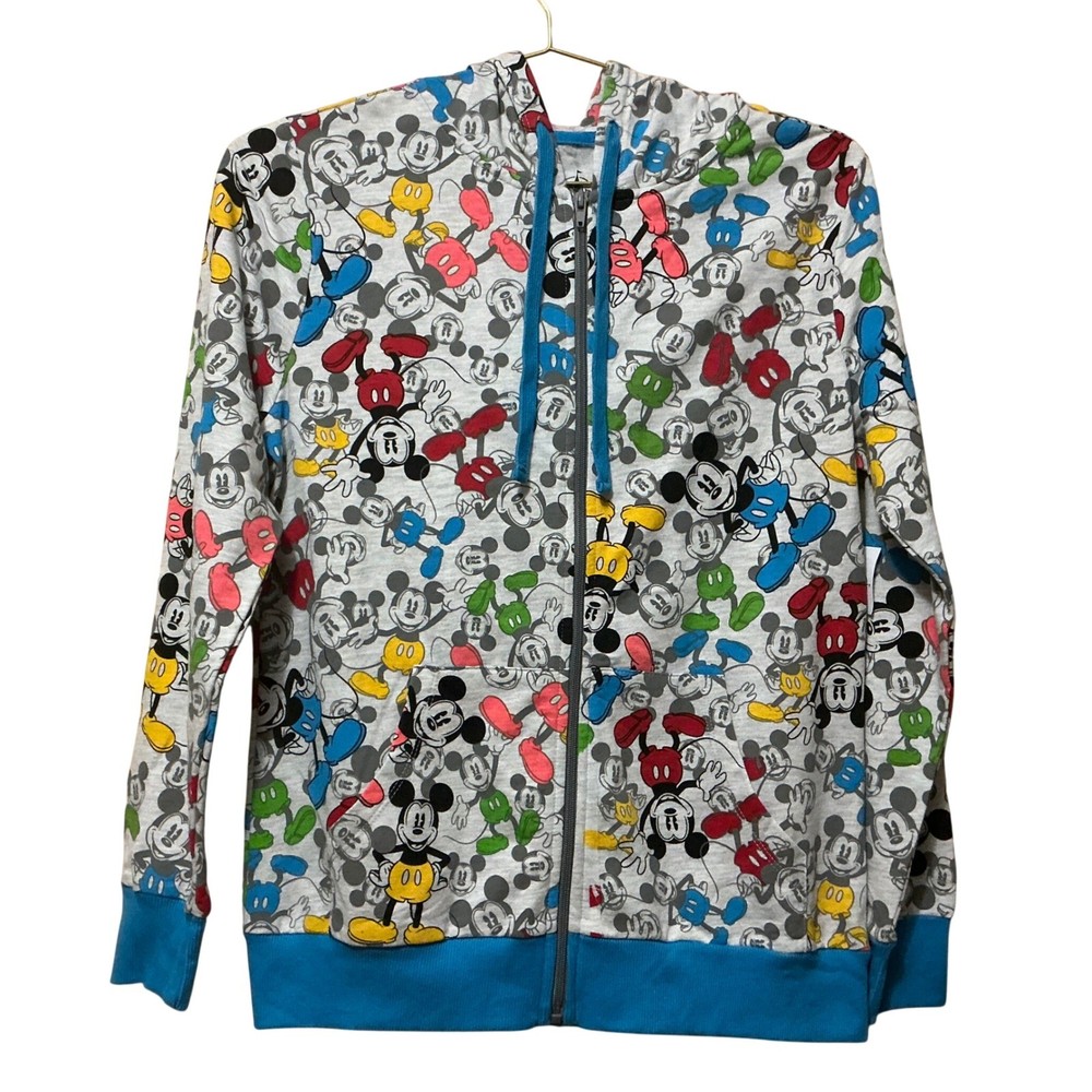 Disney Parks Mickey Mouse All Over Print Zip Up Hoodie Gray Blue Womens Medium