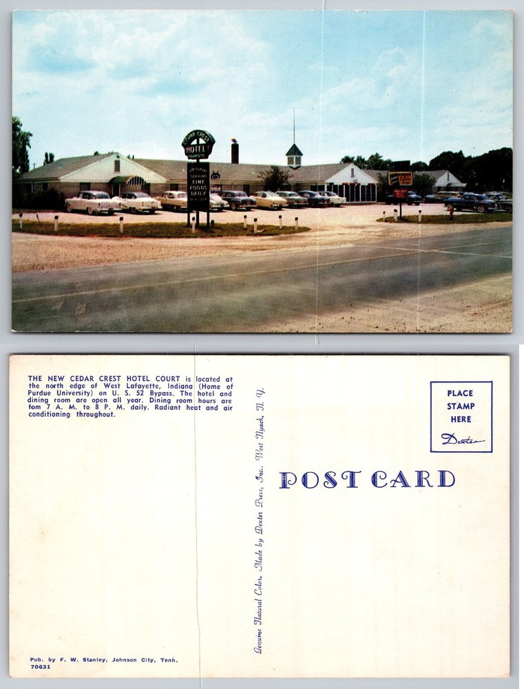 Vintage Postcard Cedar Crest Hotel Court West Lafayette Indiana Purdue