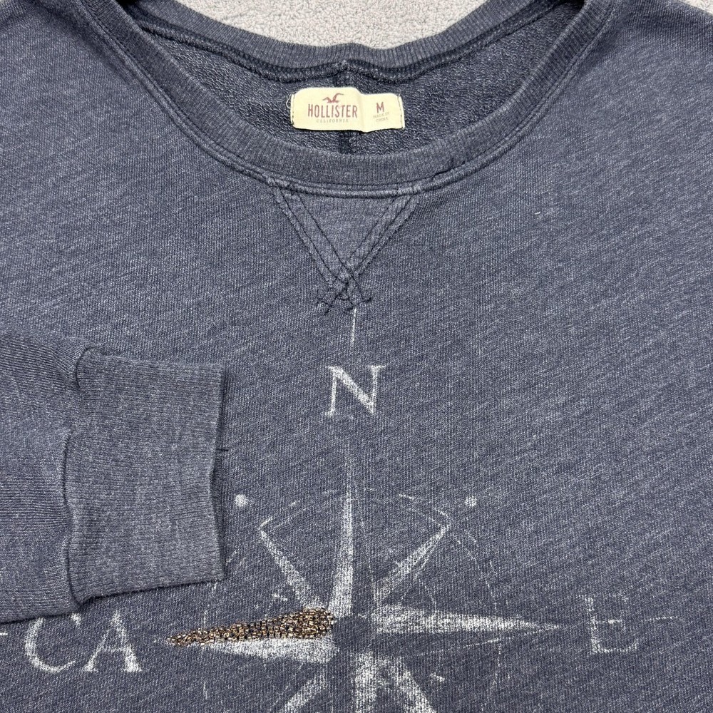 Hollister Sweatshirt Womens Medium Blue Compass Graphic Cropped Raw Hem Pullover