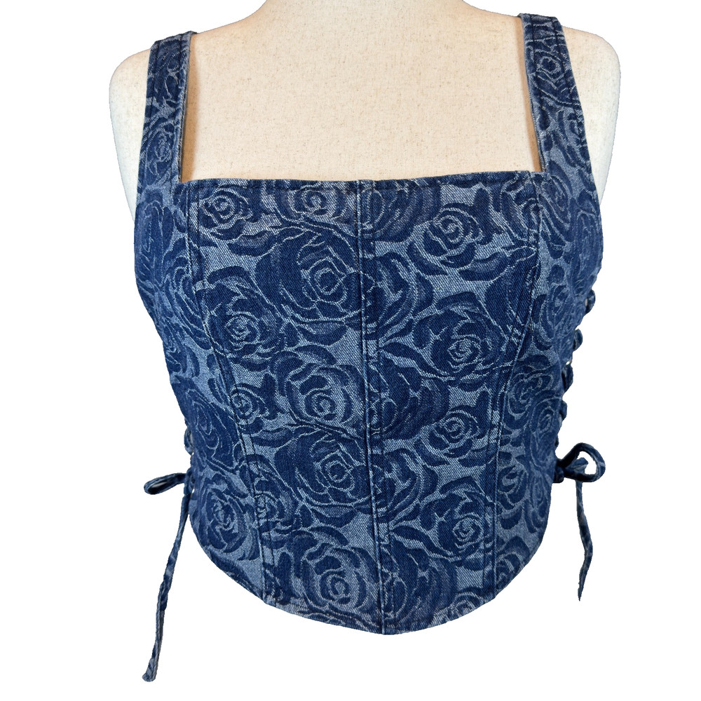 Altar’d State Denim Floral Corset Top XL Y2K Lace Up Sides Zip Back Woven Rose