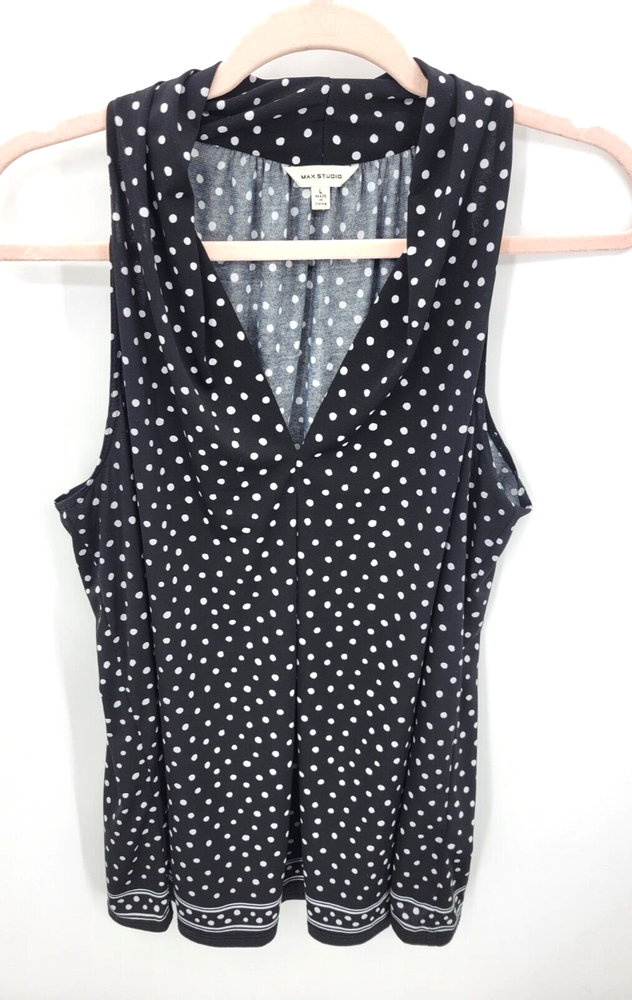 Max Studio Top Womens Large Black White Polka Dot Sleeveless Border Trim Boho