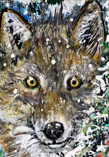 ORIGINAL ACEO Grey WOLF Painting Winter Snow Wild Dog Animal Tree Nature ART