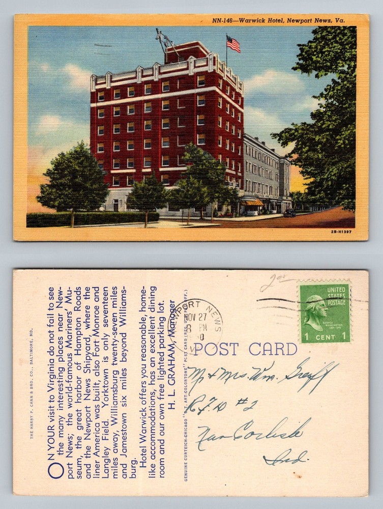 Newport News, VA-Virginia, Warwick Hotel Red Brick Building Vintage Postcard