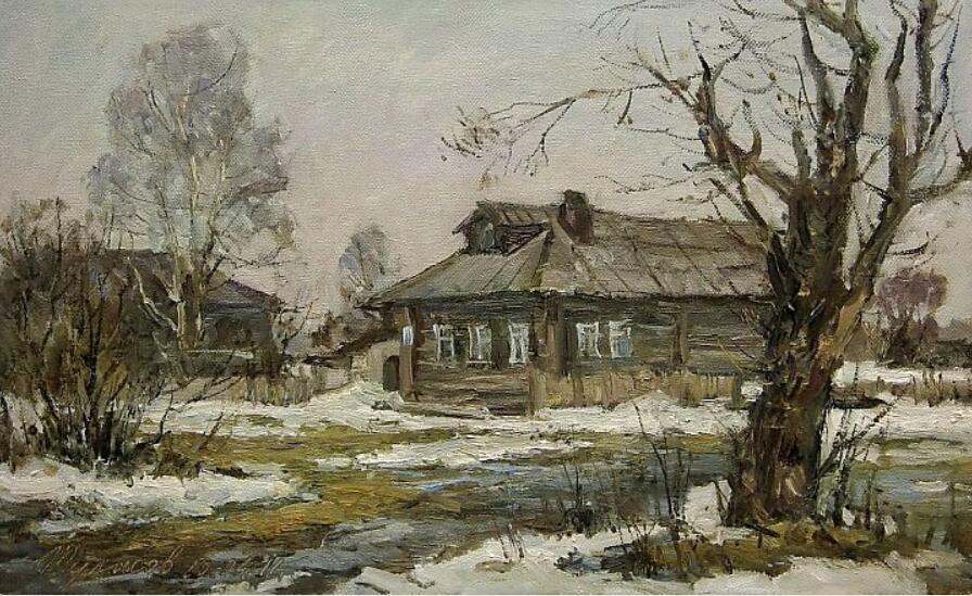 Snow Melting Village Landscape Handpainted Oil Painting on Canvas Decoration
