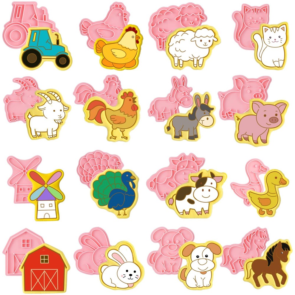 16 Pcs Farm Animal Cookie Cutters with Plunger Stamps Set, Farm Animal theme ...
