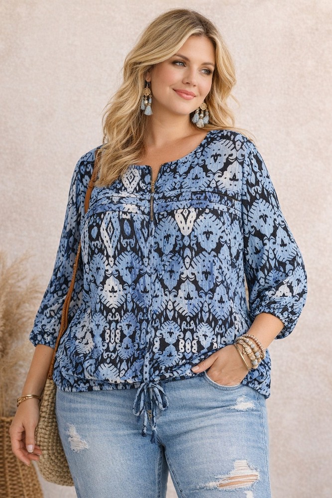 Ruby Rd Woman 1X Blue Black Ikat Print Full Zip Blouse Pockets Long Sleeve