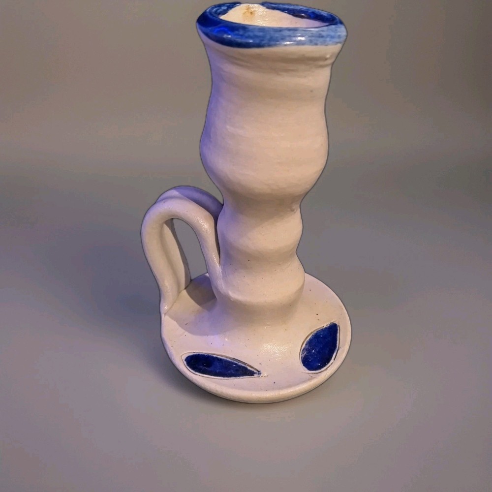 Vintage Williamsburg Pottery Salt Glazed Cobalt Blue White Candle Holder 5