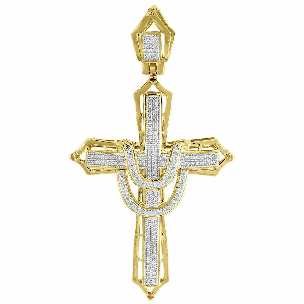 14K Yellow Gold Diamond Cross Pendant 1 Ct Round Cut Pave Mens Fashion Jewelry