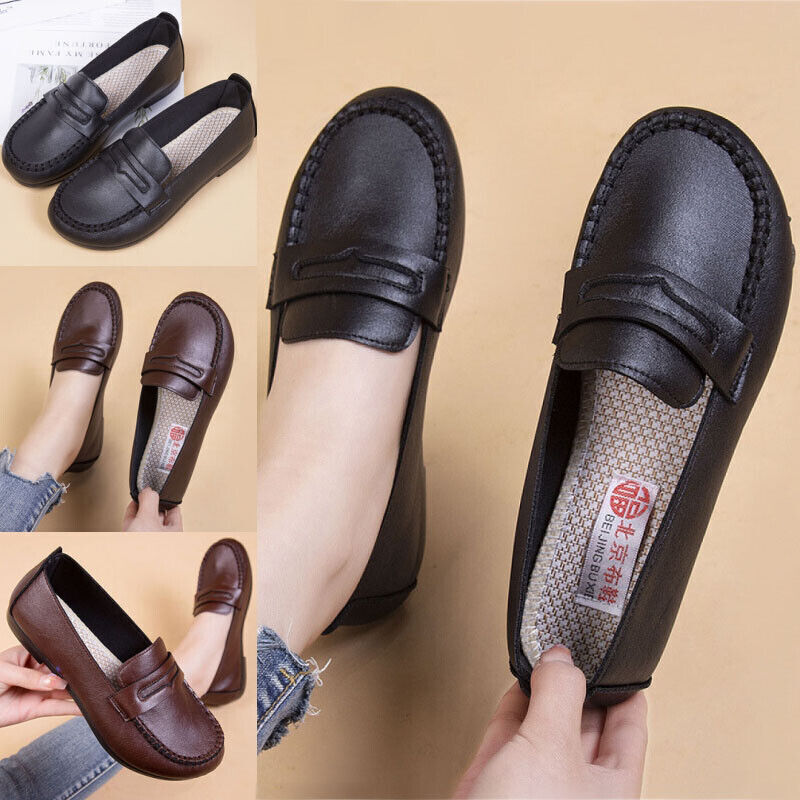 Ladies Wide Fit On Womens Memory Foam Work Leather Loafer Shoe Size Shoes Slip -