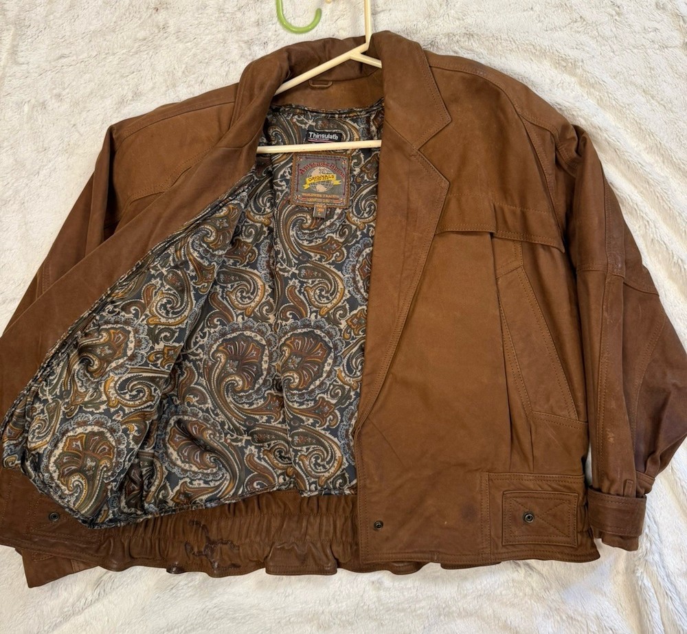 Vintage Leather Bomber Jacket Mens Sz Large Adventure Bound Thinsulate Paisley