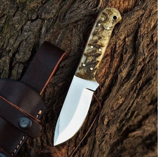 D2 Steel Hunting Knife with Ram Horn Handle, Handmade Custom Design